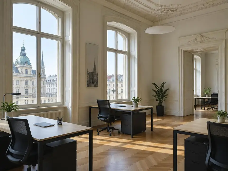 Büroetage im Altbau mit großen Fenstern, Energieausweis Gewerbe Wien