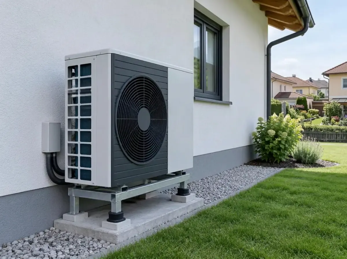 Außeneinheit einer Wärmepumpe an Hausfassade, Heizlastberechnung Wien