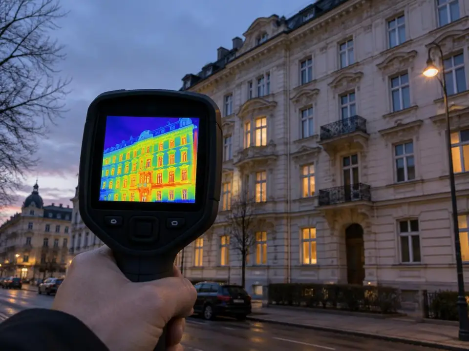 Wärmebildkamera vor Fassade, Thermografie Wien